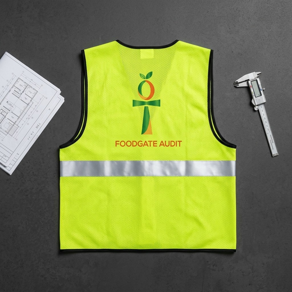 FoodGate inspection equipment — high-visibility vest, technical drawings and digital caliper