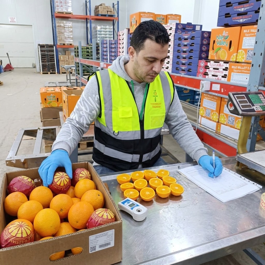 Inspector measuring fresh oranges with a refractometer during a FoodGate quality control